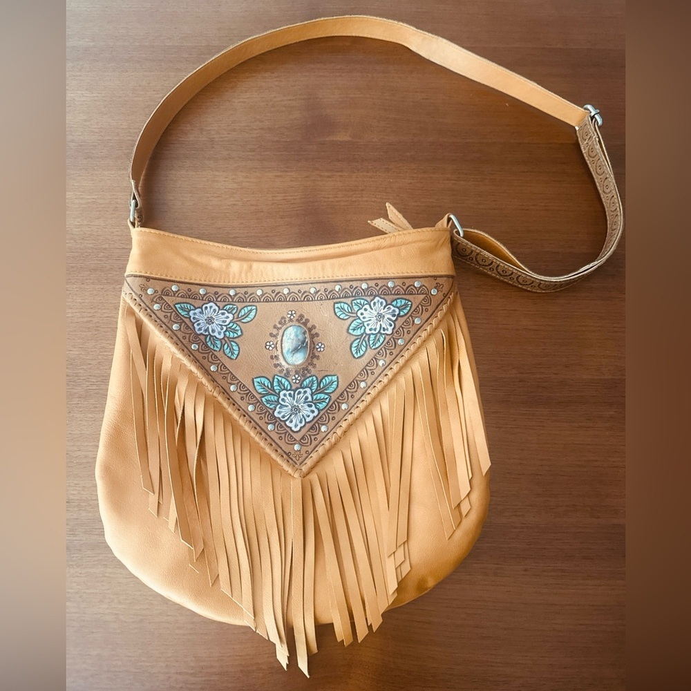 Mahiya Leather Tan Fringe Shoulder Bag with Floral Hand Tooling and Stone Inlay